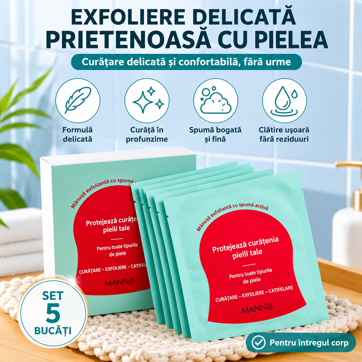 FoamGlow™ – Mănușă exfoliantă cu spumă activă pentru corp (Set 5 bucăți)